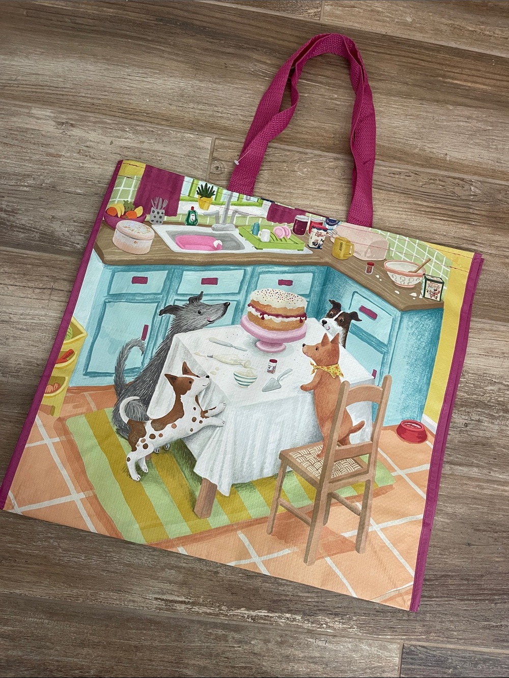 TJ Maxx Dog 🐶🐕🐾 Party 🎉🎂 Light Teal Reusable Tote with Bright Pink Trim